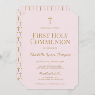 Invitation Croix d'or rose rousse Première communion sainte