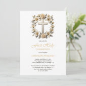 Invitation Croix d'or Roses blanches Lys Première sainte comm (Debout devant)