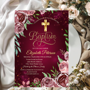Invitation Croix d'or Roses de Bourgogne Baptême