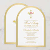 Invitation Croix d'or Roses roses rose Arc Floral Première co (Devant / Derrière)