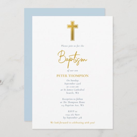 Invitation Croix d'or Script écrit à la main Baptême garçon (Devant / Derrière)