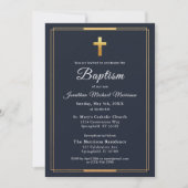 Invitation Croix d'or Script moderne Marine Bleu Élégant Bapt (Devant)