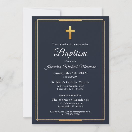Invitation Croix d'or Script moderne Marine Bleu Élégant Bapt (Devant)