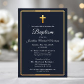 Invitation Croix d'or Script moderne Marine Bleu Élégant Bapt