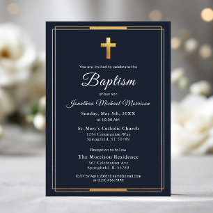 Invitation Croix d'or Script moderne Marine Bleu Élégant Bapt