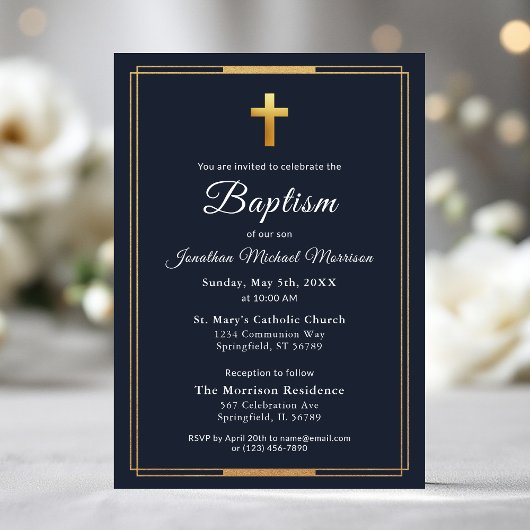 Invitation Croix d'or Script moderne Marine Bleu Élégant Bapt