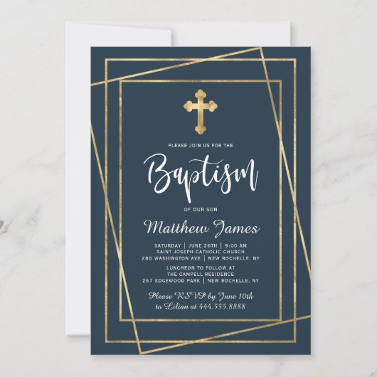 Invitation Croix d'or Script moderne Marine Bleu Garçon Baptê (Devant)