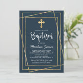 Invitation Croix d'or Script moderne Marine Bleu Garçon Baptê (Debout devant)