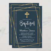 Invitation Croix d'or Script moderne Marine Bleu Garçon Baptê (Devant / Derrière)