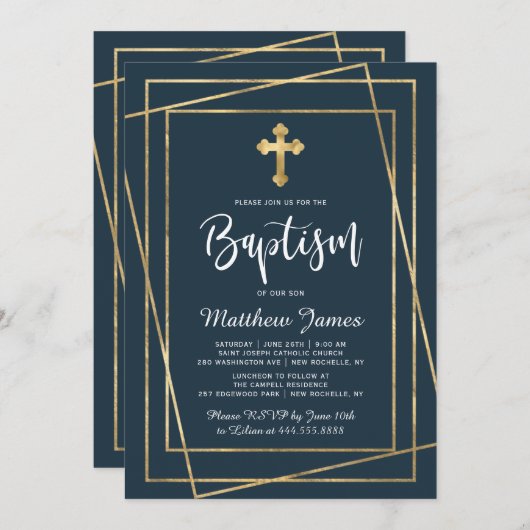 Invitation Croix d'or Script moderne Marine Bleu Garçon Baptê (Devant / Derrière)