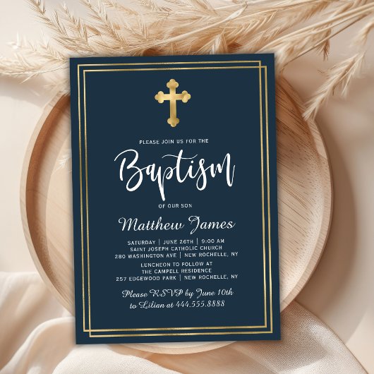Invitation Croix d'or Script moderne Marine Bleu Garçon Baptê