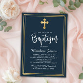 Invitation Croix d'or Script moderne Marine Bleu Garçon Baptê