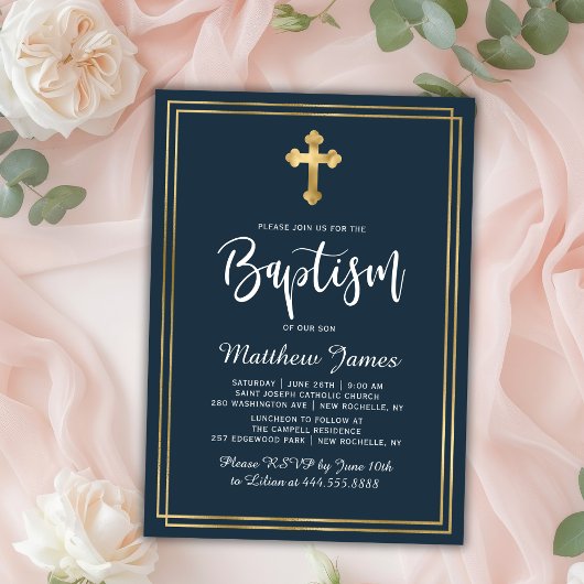Invitation Croix d'or Script moderne Marine Bleu Garçon Baptê