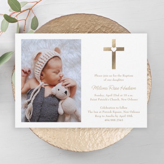 Invitation Croix d'or simple avec Baptême de Coeur