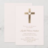 Invitation Croix d'or simple avec les filles du coeur Baptême (Devant / Derrière)
