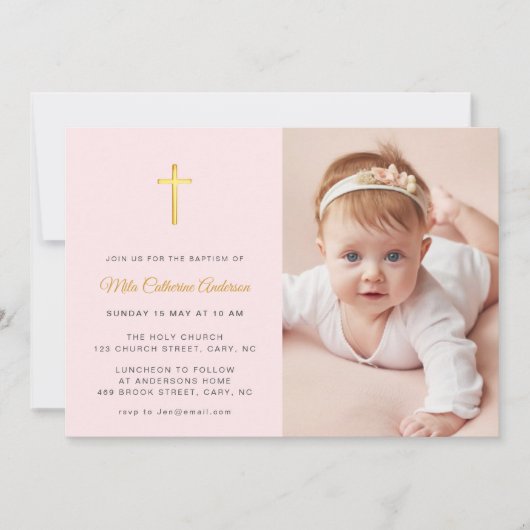 Invitation Croix d'or simple Faux Pink Photo Baptism (Devant)