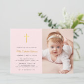 Invitation Croix d'or simple Faux Pink Photo Baptism (Debout devant)