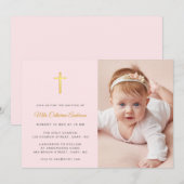 Invitation Croix d'or simple Faux Pink Photo Baptism (Devant / Derrière)