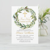 Invitation Croix d'or Verdure Wreath Première Communion saint (Debout devant)