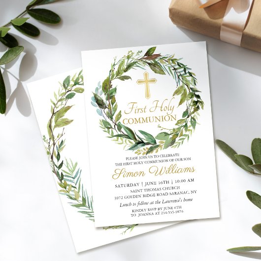 Invitation Croix d'or Verdure Wreath Première Communion saint