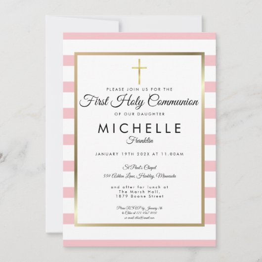 Invitation Croix dorée avec rayure rose Première Sainte Commu (Devant)
