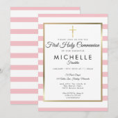 Invitation Croix dorée avec rayure rose Première Sainte Commu (Devant / Derrière)
