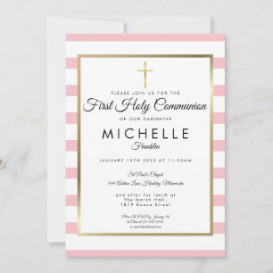 Invitation Croix dorée avec rayure rose Première Sainte Commu