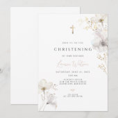 Invitation Croix dorée baptême boho (Devant / Derrière)