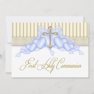 Invitation Croix dorée beige et bleue pour la Première Commun