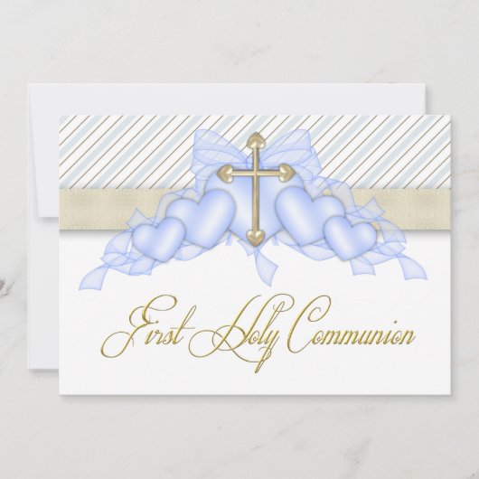 Invitation Croix dorée bleue beige Garçons Bleu Première Comm (Devant)