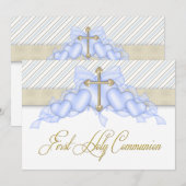 Invitation Croix dorée bleue beige Garçons Bleu Première Comm (Devant / Derrière)