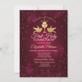 Invitation Croix dorée,Calice Rouge Première communion (Devant)