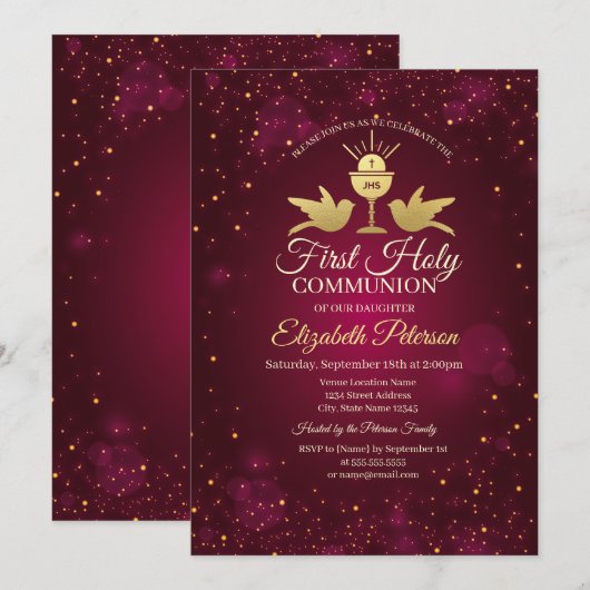 Invitation Croix dorée,Calice Rouge Première communion (Devant / Derrière)