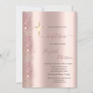 Invitation Croix dorée chic de baptême avec poussière de pail