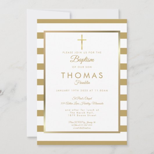 Invitation Croix dorée Chic Simple Baptême (Devant)