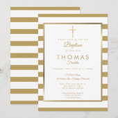 Invitation Croix dorée Chic Simple Baptême (Devant / Derrière)