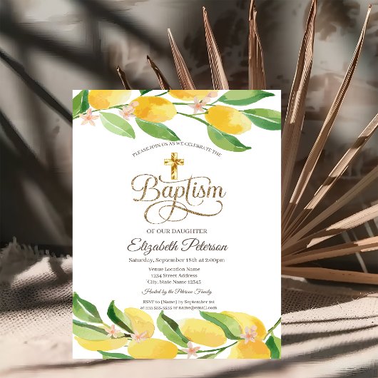 Invitation Croix dorée Citron aquarelle Botanique