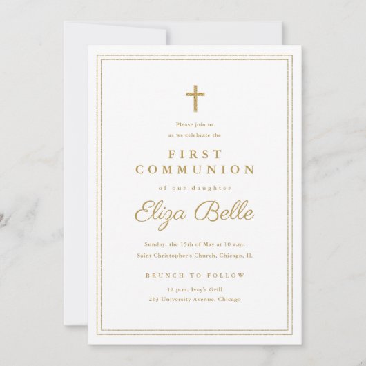 Invitation Croix dorée classique Première communion religieus (Devant)