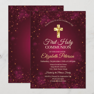 Invitation Croix dorée Confettis rouges Première Sainte Commu