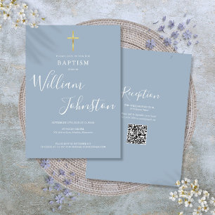Invitation Croix dorée de baptême Christening bleu poussiéreu