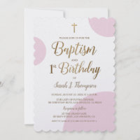 Croix dorée de baptême et 1er anniversaire rose