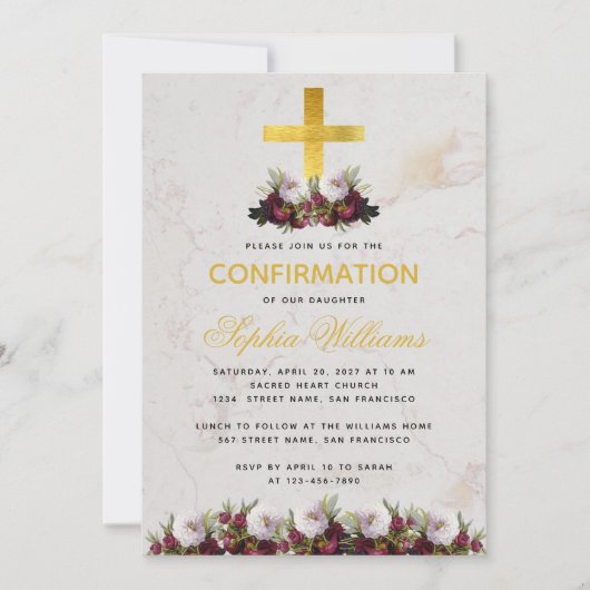 Invitation Croix dorée de confirmation fille Burgundy Peony M (Devant)