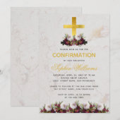Invitation Croix dorée de confirmation fille Burgundy Peony M (Devant / Derrière)