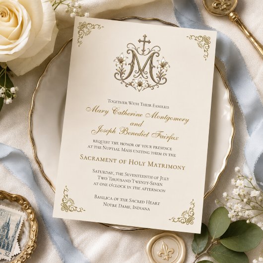 Invitation Croix dorée de Marie Monogramme Mariage Nuptial