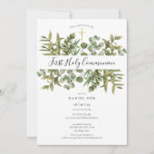 Invitation Croix dorée de première communion avec feuillage (Devant)