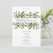 Invitation Croix dorée de première communion avec feuillage (Debout devant)