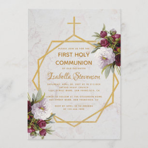 Invitation Croix dorée de première communion avec pivoines bu