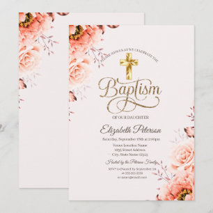 Invitation Croix dorée élégante avec roses et confettis sur f