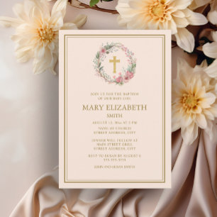 Invitation Croix dorée élégante Baptême de bébé fille florale