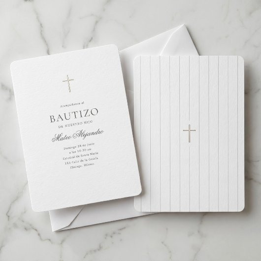 Invitation Croix dorée élégante Baptême d'un garçon espagnol